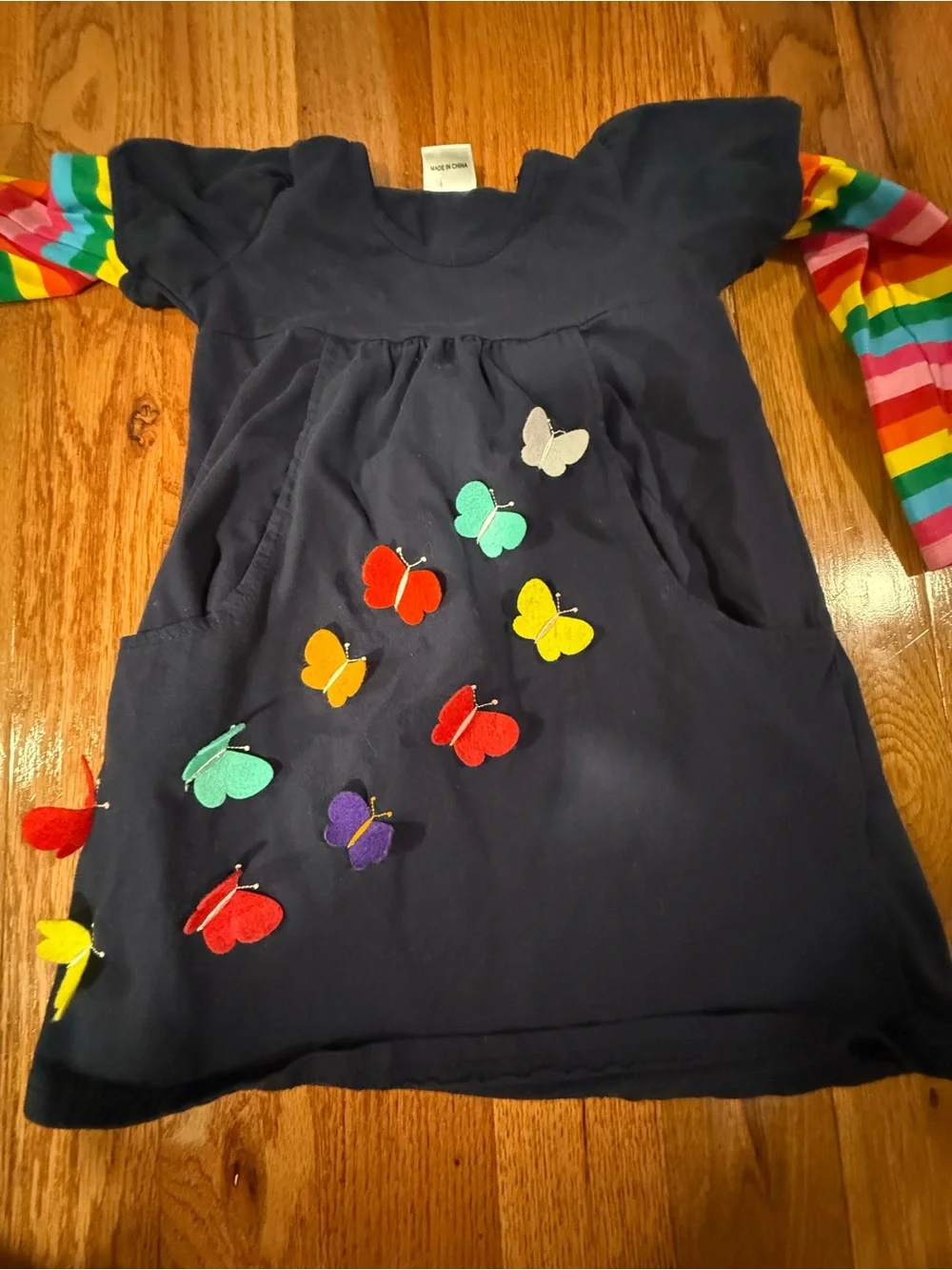 Navy Butterfly Pocket Dress with Rainbow Sleeves - Kids